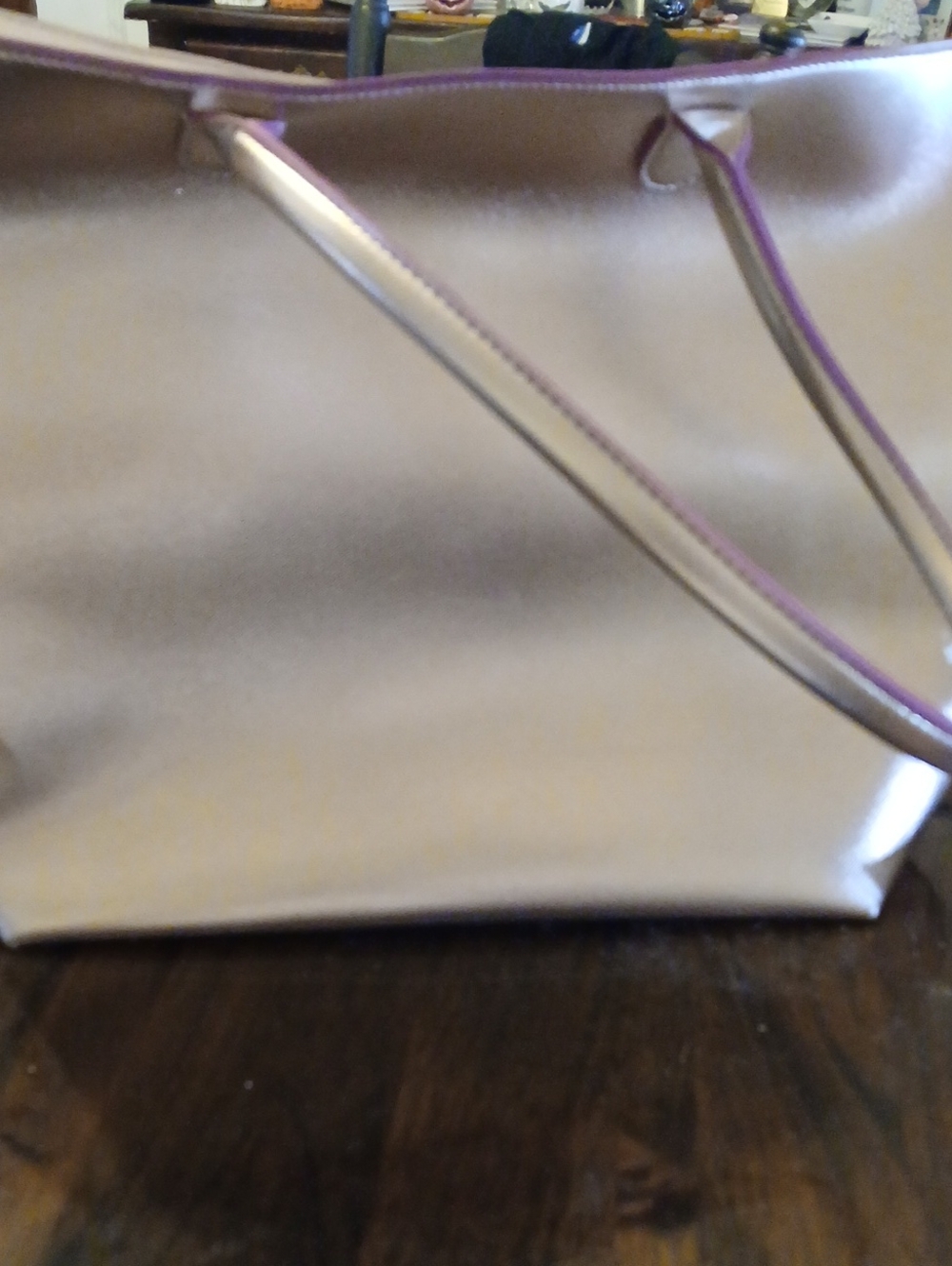 LoBath & Body Works Women's Metallic Golden Tote Bag with Purple Trim